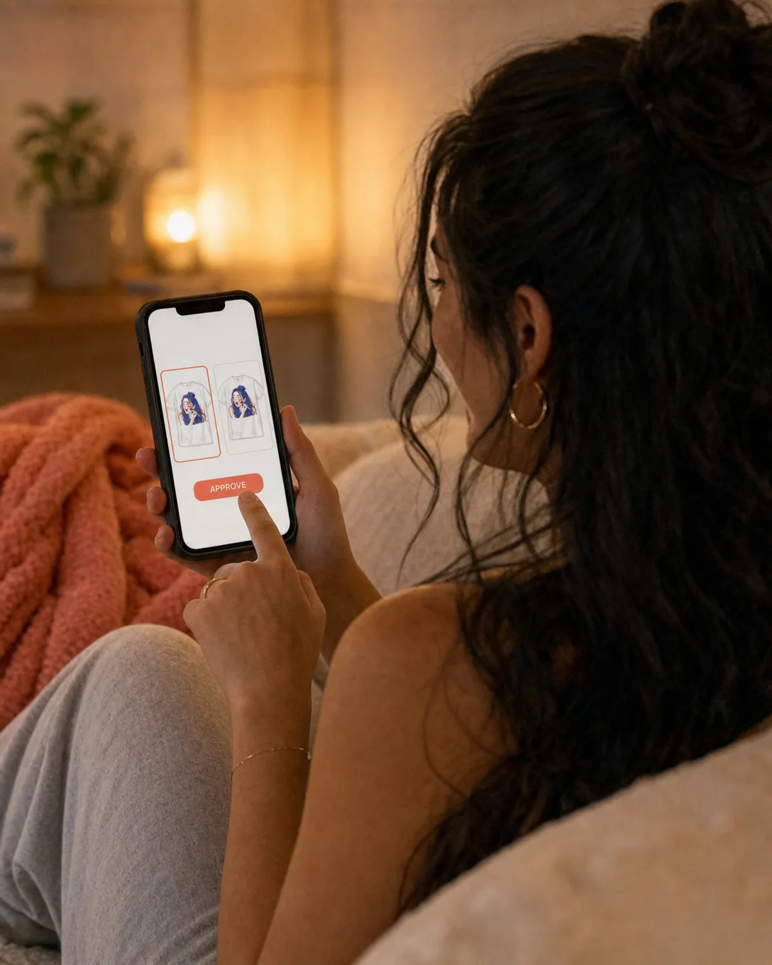 A creator on her sofa in the evening, thumb over the Approve button, choosing between two merch designs on her phone