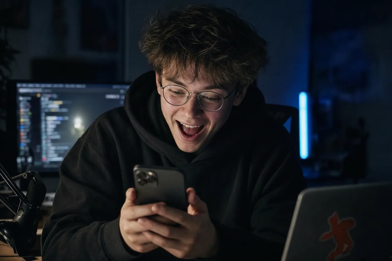 A streamer lit by his phone at night, delighted as comments pour in