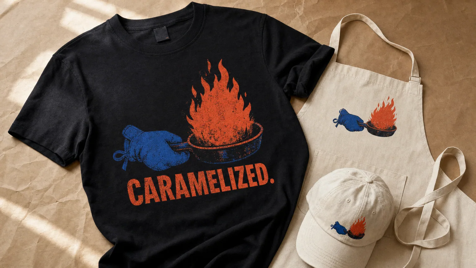 Food creator merchandise built from the cobalt oven mitt and flame in her viral cooking reel