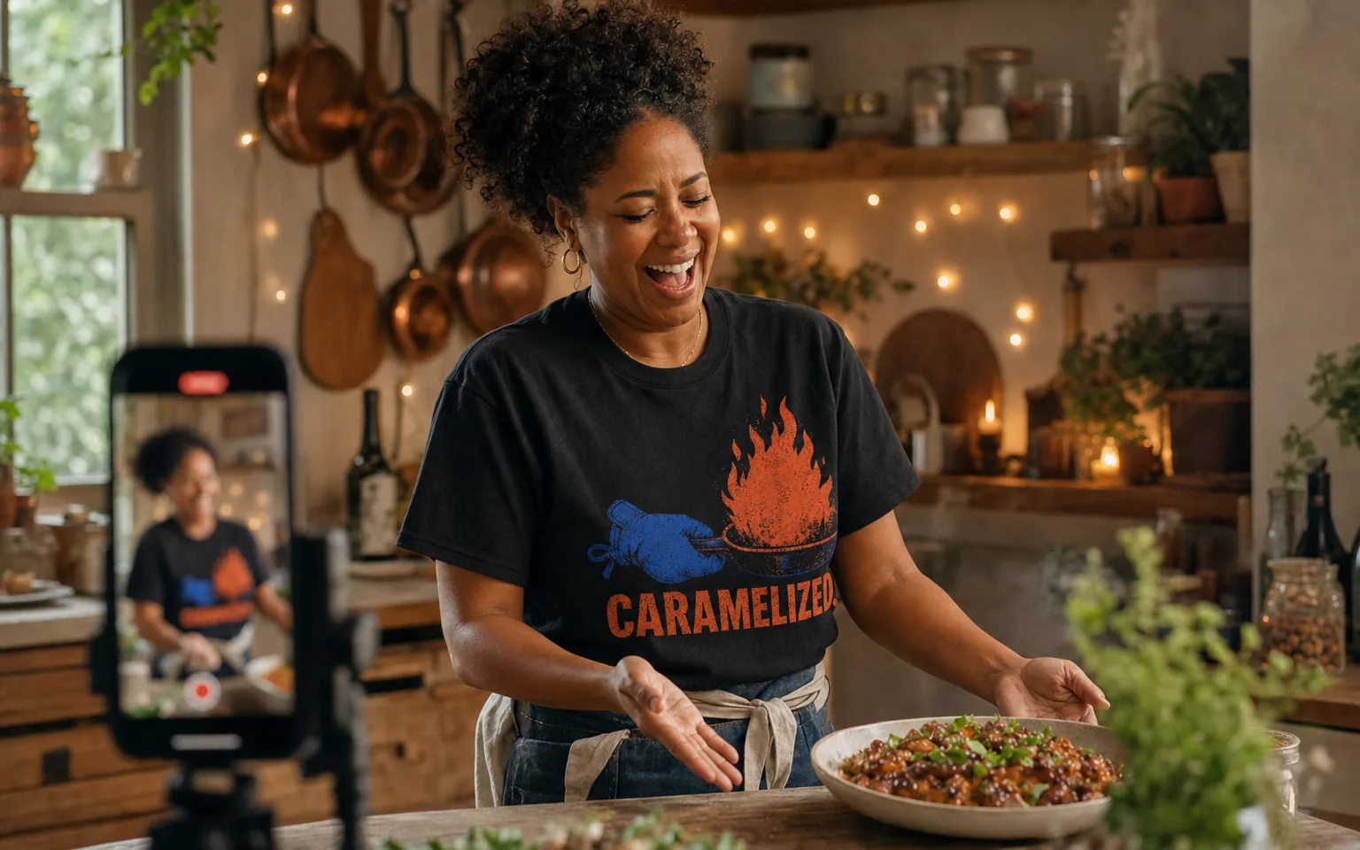 Food creator filming a recipe reel while wearing merchandise inspired by her viral cooking moment