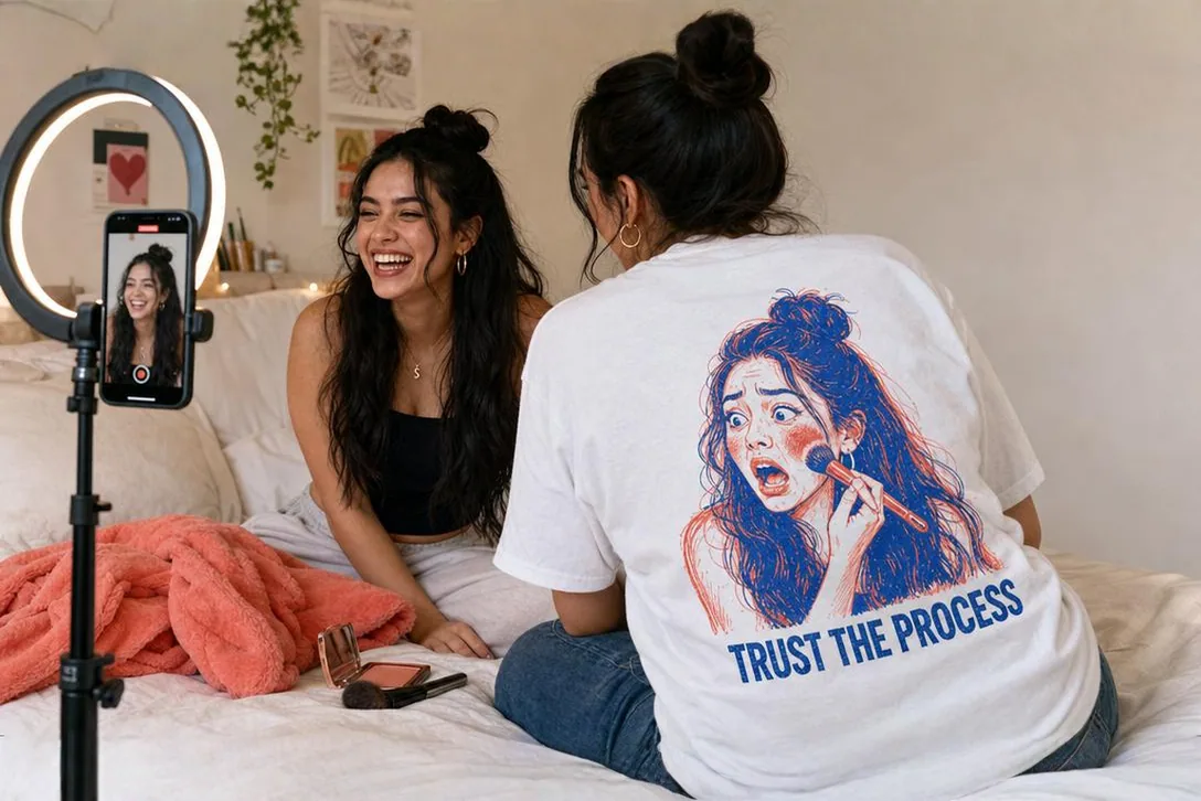 A beauty creator laughs mid-take in her bedroom studio while a friend wears a tee printed with the creator’s illustrated blush-fail moment and the words Trust the Process
